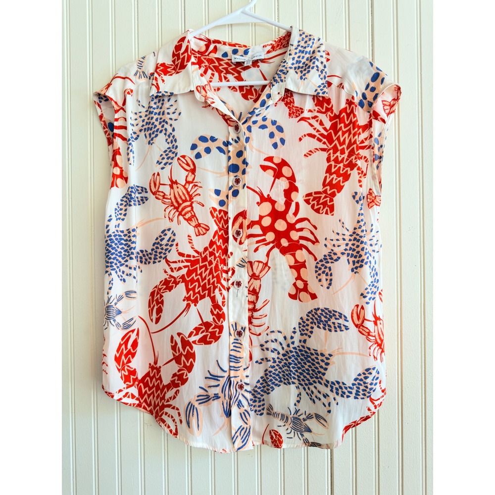 Maison d' Amelie Lobster Print Button Down Collared Coastal Vibe Blouse Size S